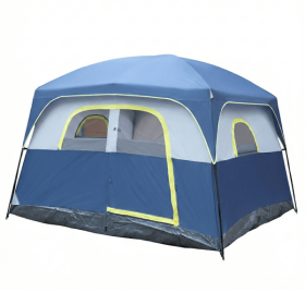 6 Person Outdoor Camping Tent, Waterproof Windproof Easy Setup, Double Layer Family Camping Tent with 1 Mesh Door & 5 Large Mesh Windows, Blue
