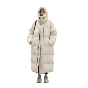Women's Long Down Coat Parka Jacket (Color: Beige, size: L)